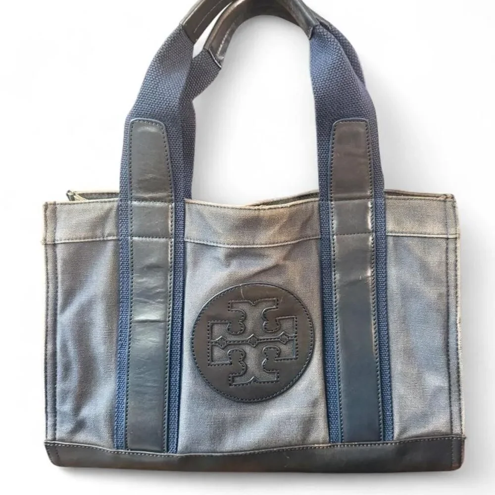 Tory Burch Distressed Navy Canvas Leather Tote Satchel Bag Vintage Look